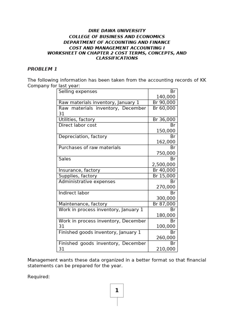 Worksheet on Chapter 2 Cost Terms Concepts and Classifications | PDF ...