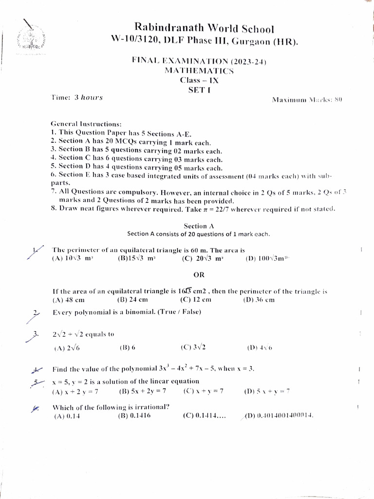 Maths Final Exam Class Set-1 | PDF