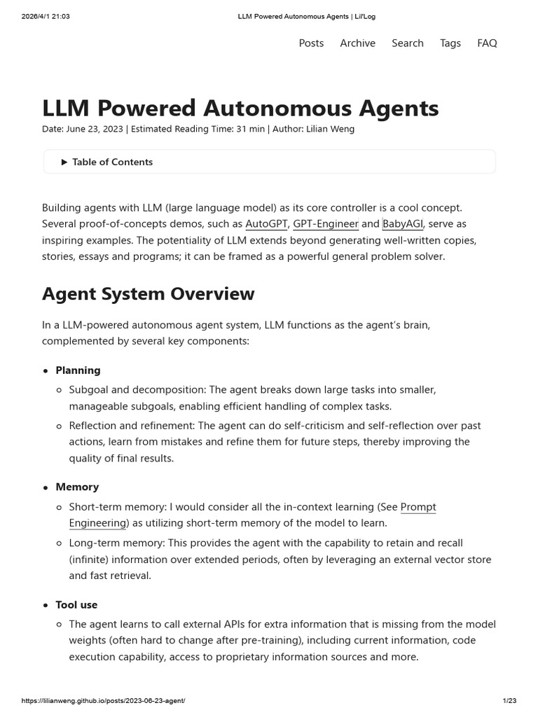 LLM Powered Autonomous Agents _ Lil'Log | PDF | Memory | Long Term Memory