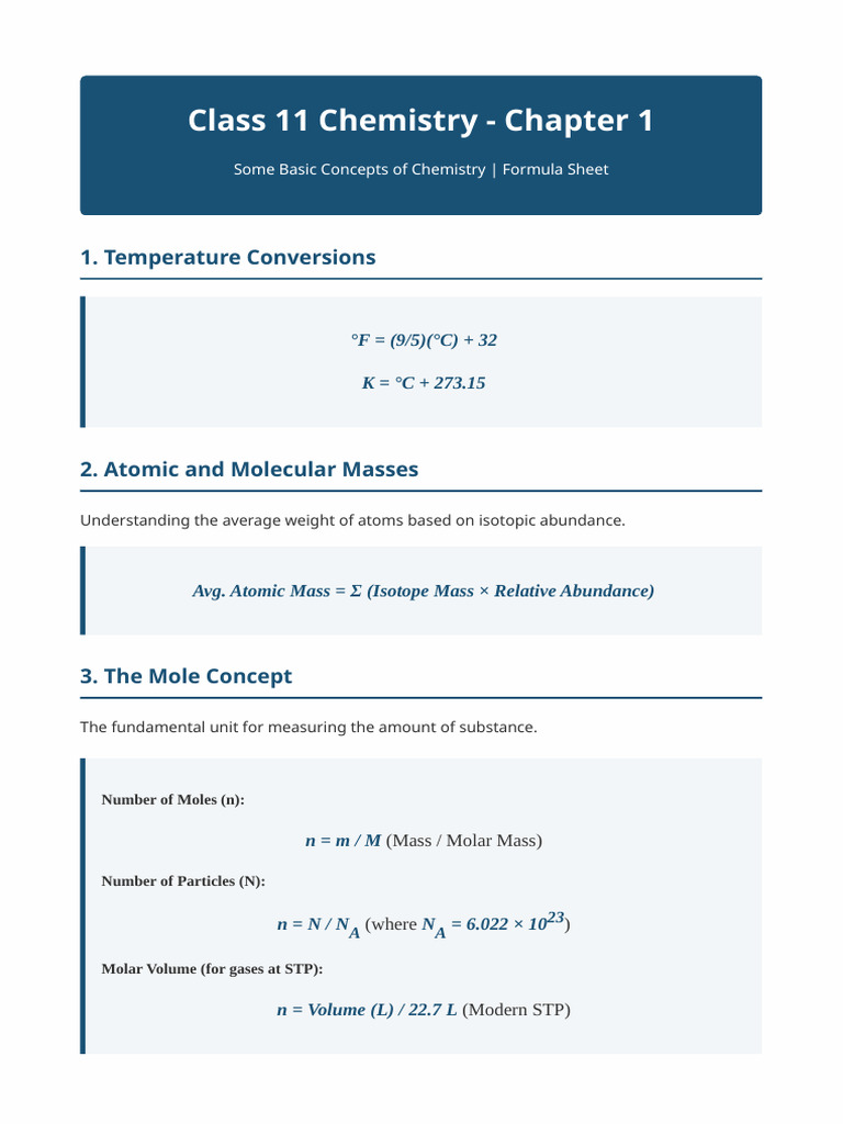 Chemistry Ch1 Formula Sheet | PDF