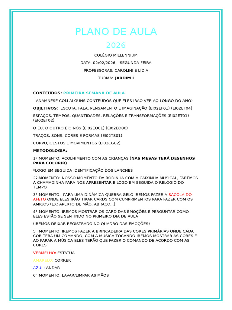 Plano de Aula 2026 Jardim I | PDF | Pensamento | Brincar