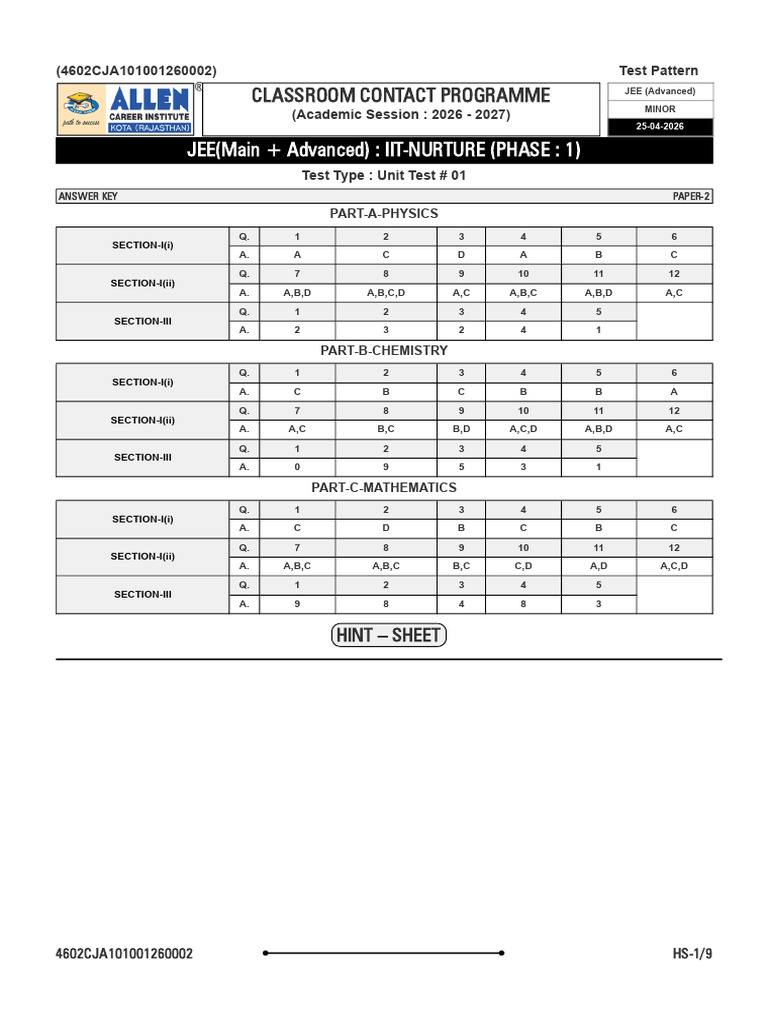 A S Regular WKND Minor Test 1 P 1 NURTURE JEE Advanced 51-25-04 2026 ...