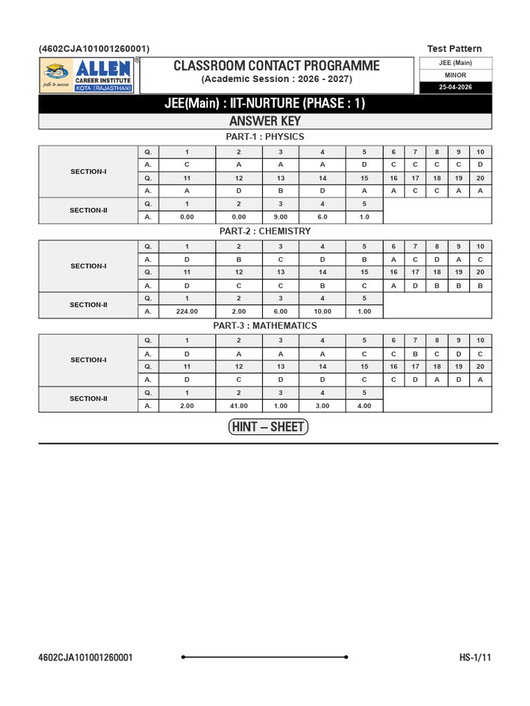 A S Regular WKND Minor Test 1 P 1 NURTURE JEE MAIN 25-04-2026 9831cc54 ...