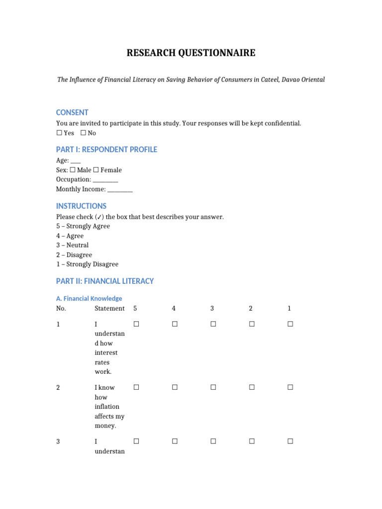 Financial Literacy Questionnaire | PDF | Financial Literacy | Cognition