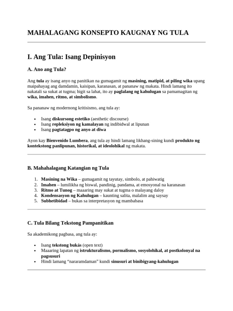 MAHALAGANG KONSEPTO KAUGNAY NG TULA-topic-4-5 | PDF