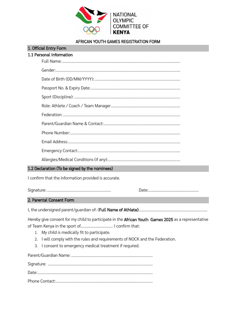 AFRICAN YOUTH GAMES REGISTRATION FORM | PDF | Identity Document | Human ...