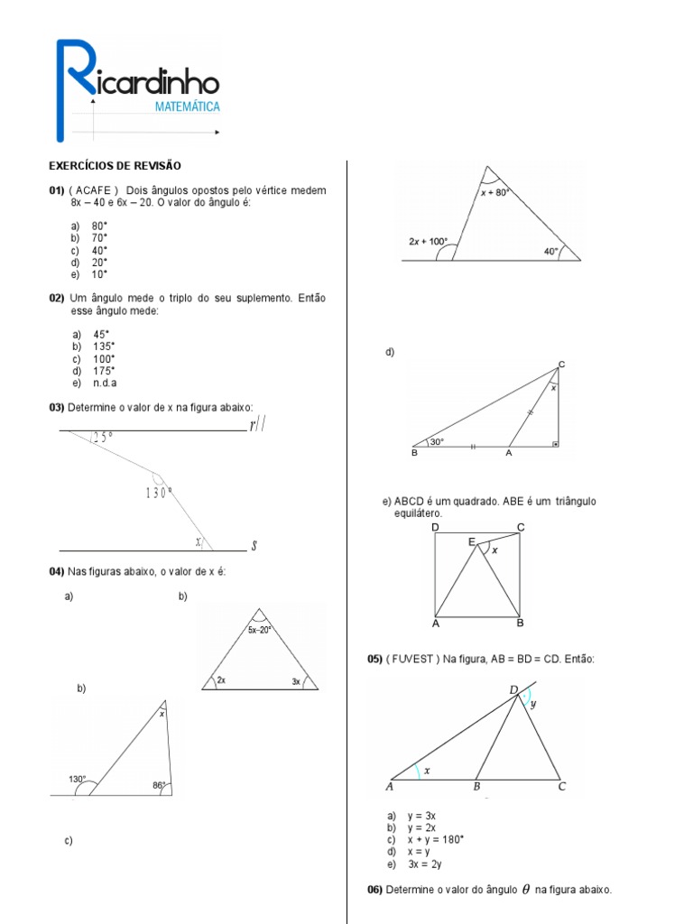 GEOMETRIA PLANA - EXERCÍCIOS DE REVISÃO - Prof. RICARDINHO | PDF