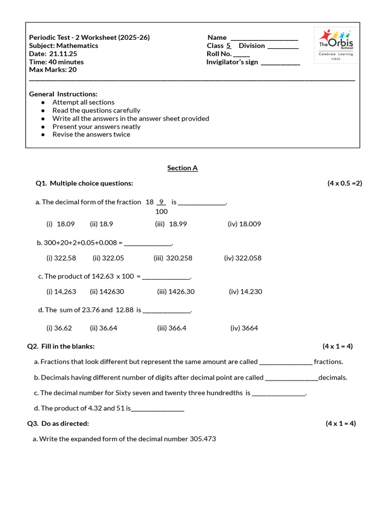 Class 5 Mathematics PT 2 Worksheet 202526.Docx (4) | PDF | Number ...
