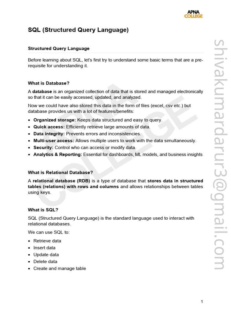 SQL Notes by Apna College | PDF