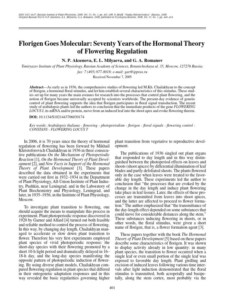 Florigen Goes Molecular Seventy Years of the Hormonal Theory of ...