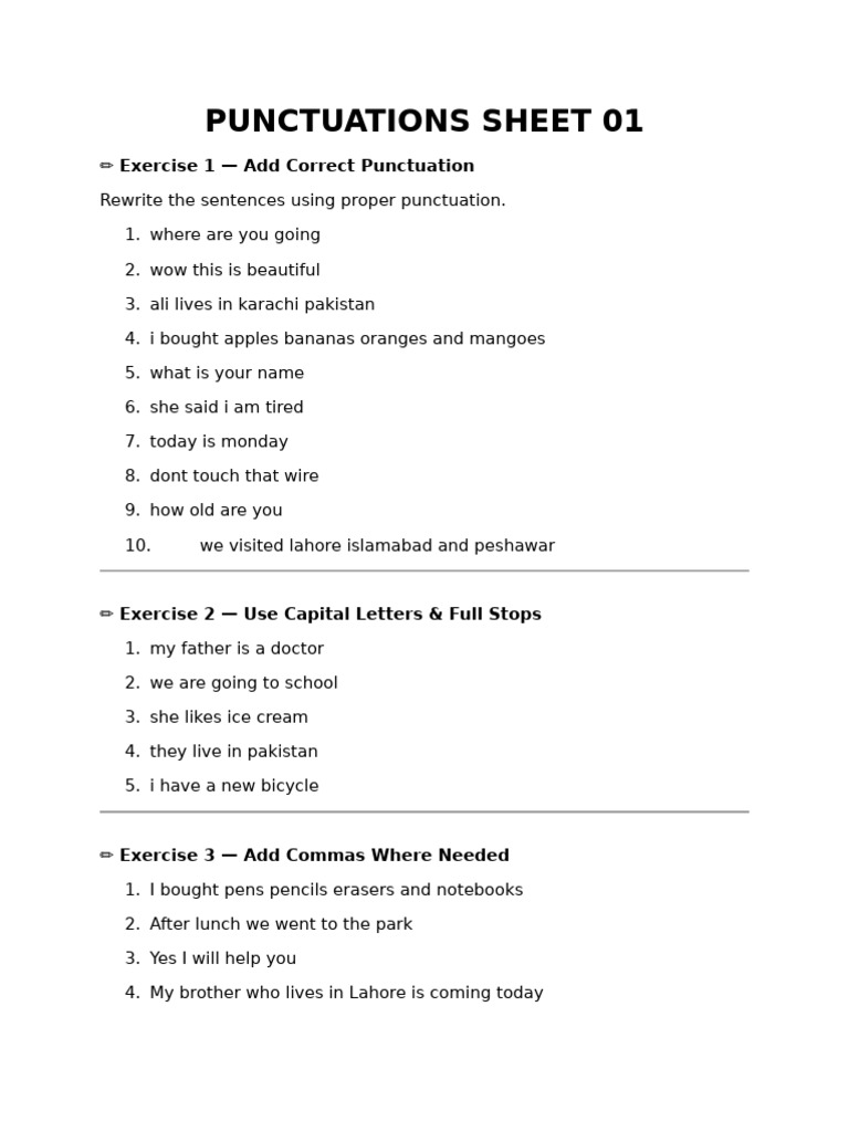 Punctuations Sheet 01 | PDF