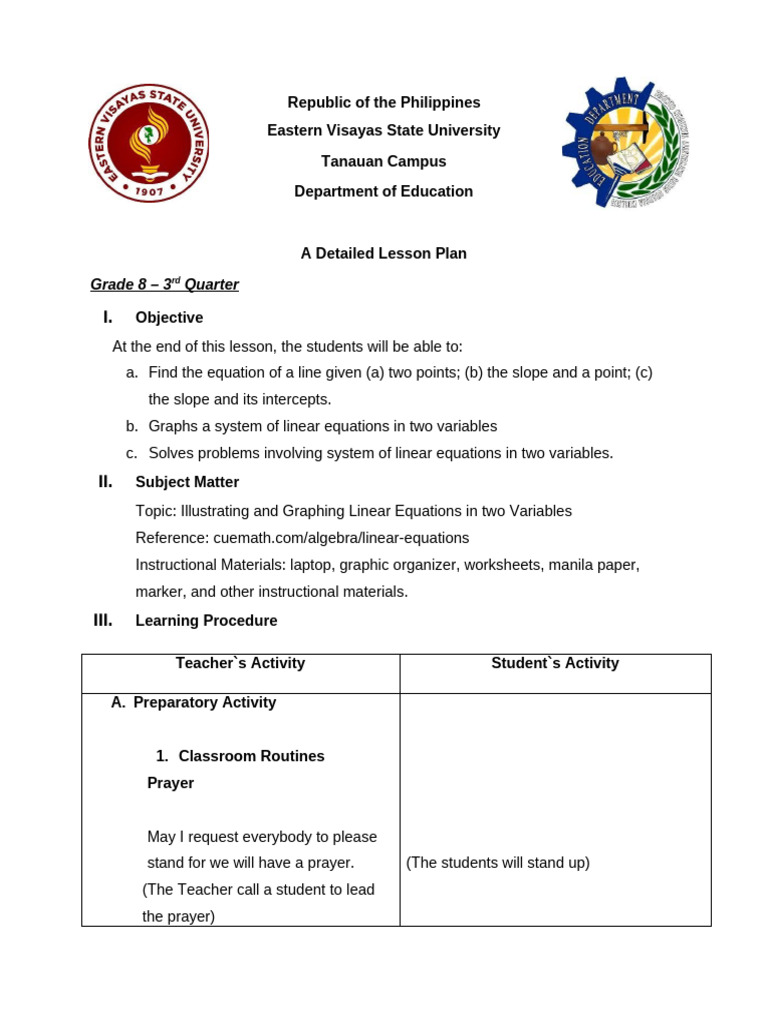 Grade 8 - 3rd Quarter LP (Linear Equations) | PDF | Line (Geometry ...