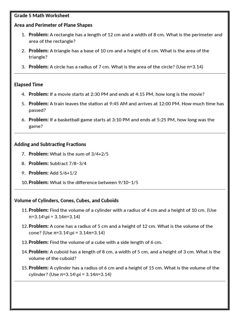 Grade 5 Math Mixed Worksheet | PDF | Area | Volume