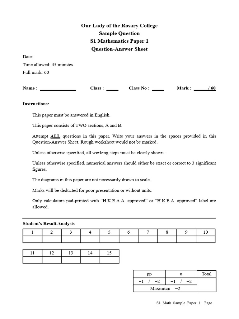 S1 Math Paper 1 - Sample Solution | PDF | Significant Figures | Mathematics