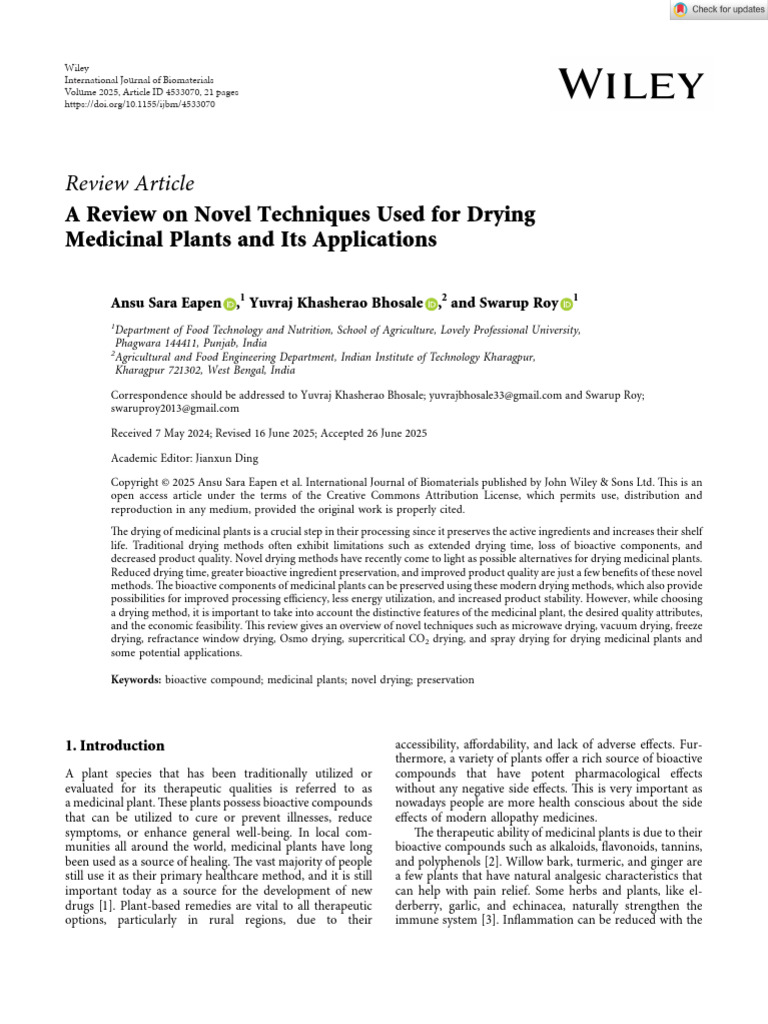 25. a Review on Novel Techniques Used for Drying Medicinal Plants and ...
