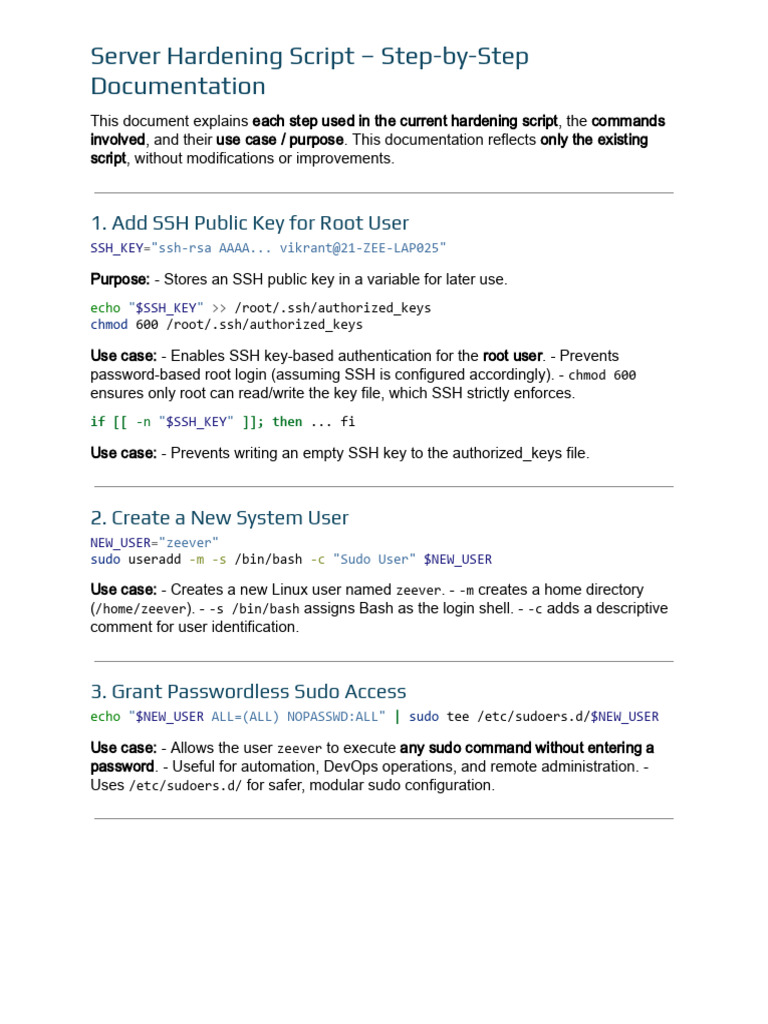 Server Hardening Script Documentation | PDF | Secure Shell | Sudo