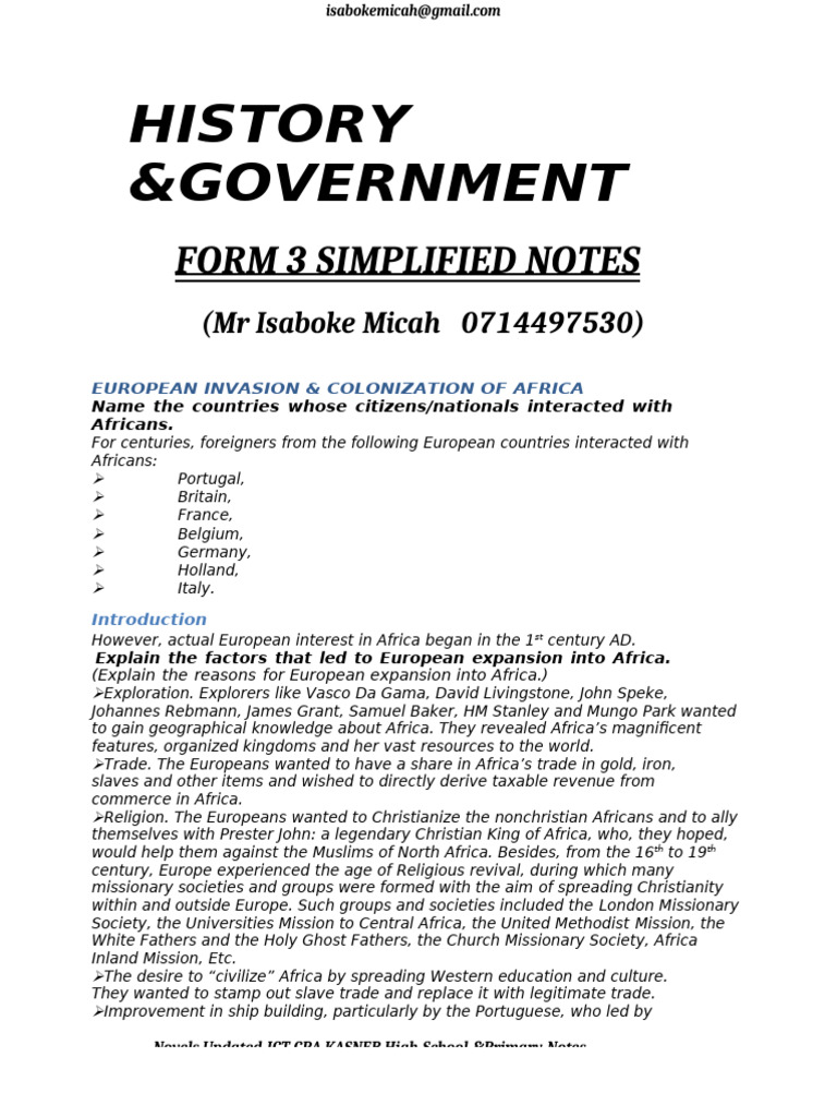 Latest Form 3 History Notes | PDF | Africa | British Empire