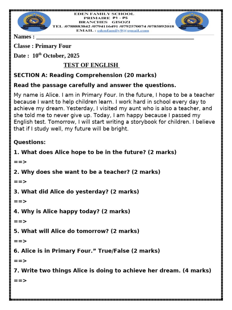 p4 Test of English 10-10-2025 | PDF | Linguistic Morphology | Syntax