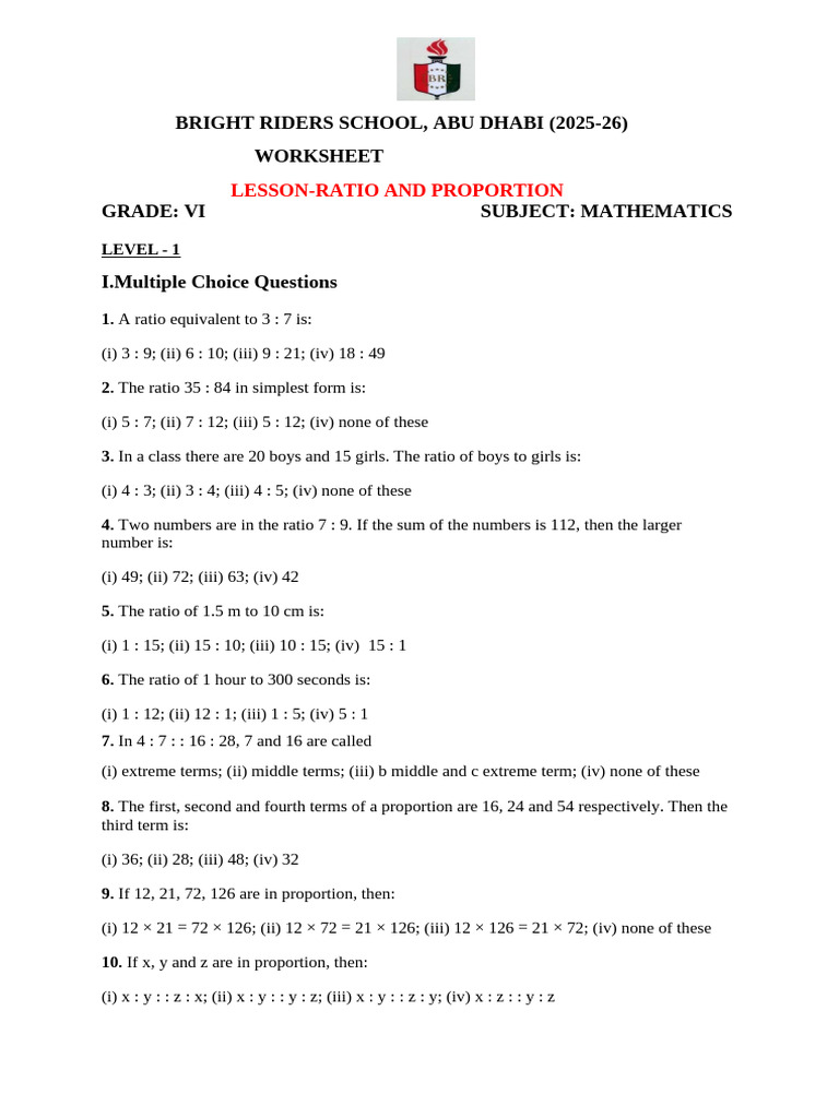 G6 Ratio and Proportion Worksheet_01022026_150704 | PDF | Ratio | Length