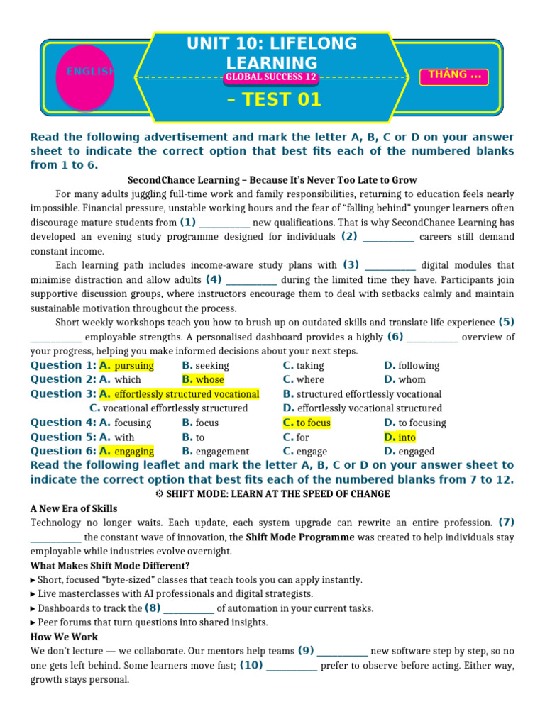 T 38 Test 01 Unit 10 Lifelong Learning | PDF | Learning | Motivation