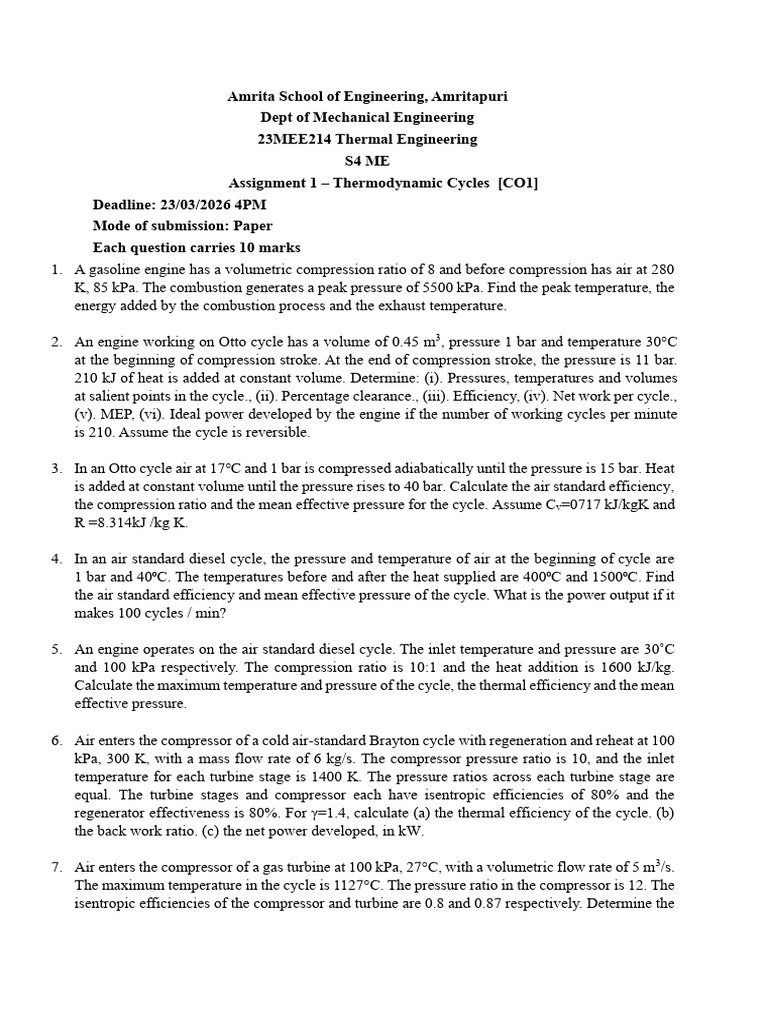 Assignment 1 - Thermodynamic Cycles | PDF | Continuum Mechanics | Engines