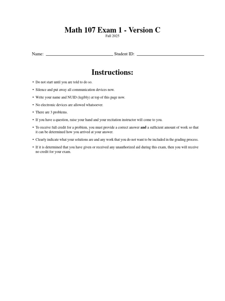 Math 107 Fall 2025 Exam 1 Version C | PDF | Integral | Mathematical ...