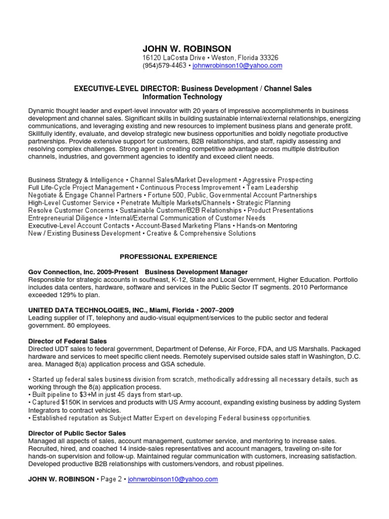 JW Robinson Resume Business Development Sales