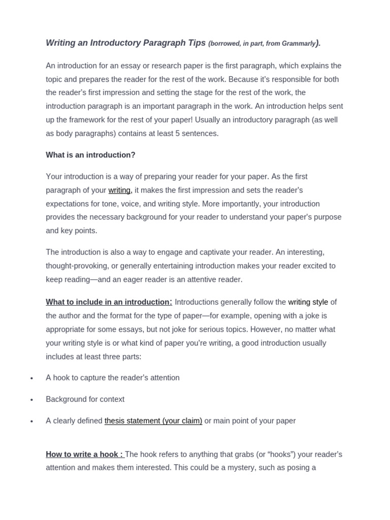 An Introduction for an Essay or Research Paper is the First Paragraph ...