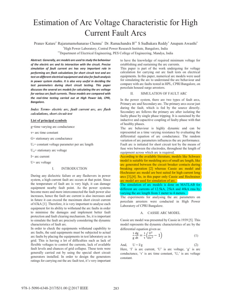 Estimation of Arc Voltage Characteristics for High Current Fault Arcs ...