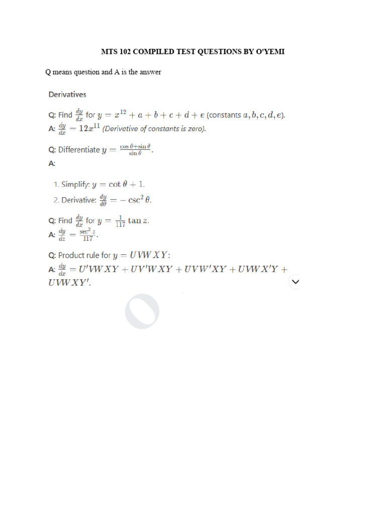 Mts 102 Compiled Test Questions by o'Yemi | PDF