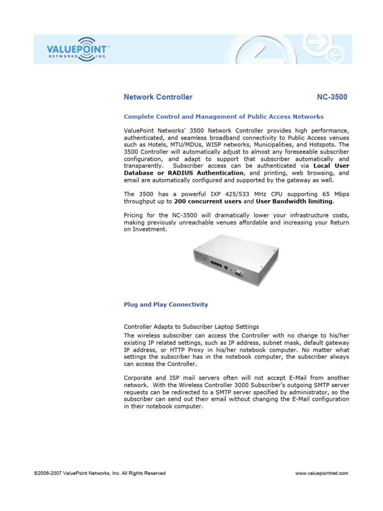 Network Controller 3500 Data Sheet | PDF | Computer Network | Radius