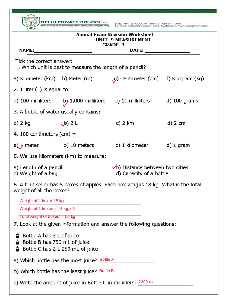 Answer Key Measurement | PDF | Litre | Kilogram