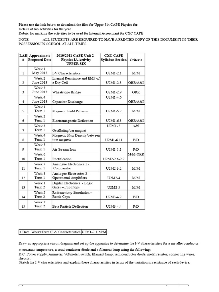 CAPE IA U2 Activities and Rubrics 2016.Docx(2) | PDF | Rectifier ...