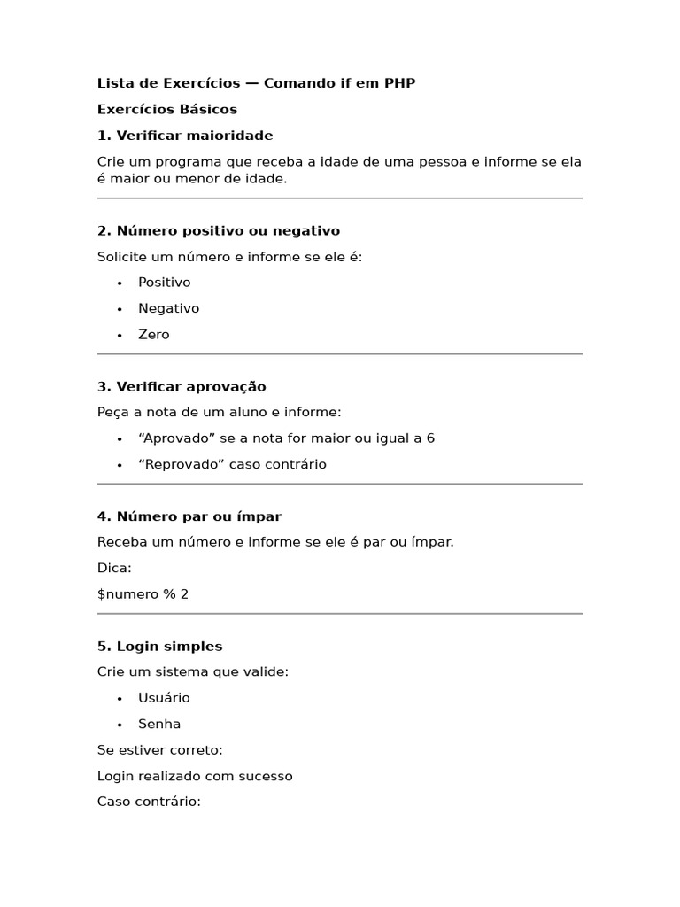 Lista de Exercícios - Comando If em PHP | PDF