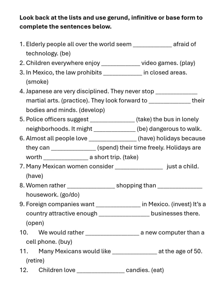 Infinitive, Gerund and Base Form Exercise | PDF