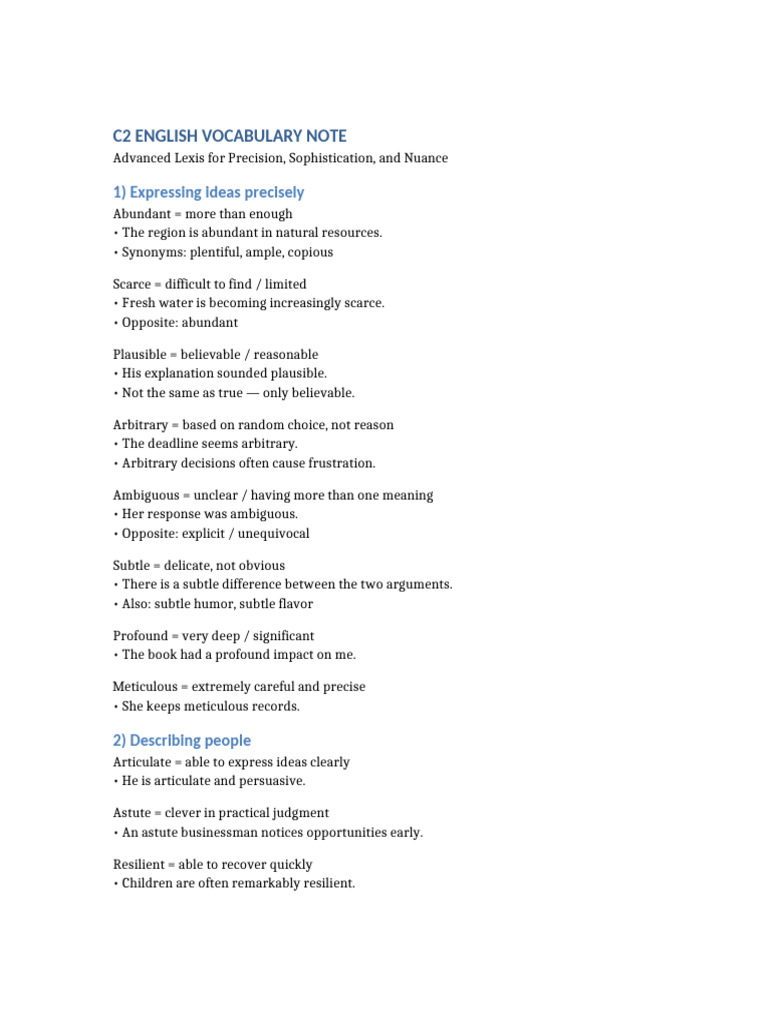 C2 English Vocabulary Note | PDF
