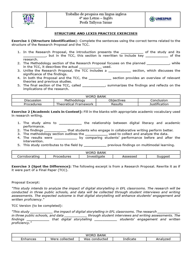 Structure and Lexis Practice Exercises | PDF | Methodology | Human ...