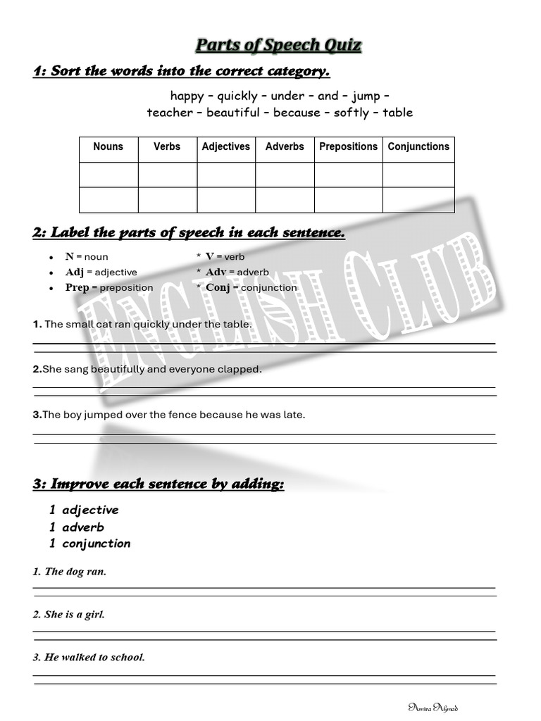 Parts of Speech Quiz | PDF