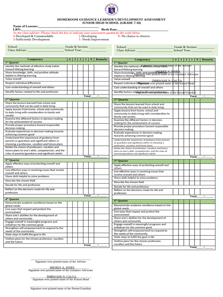 JHS Homeroom Guidance Assessment | PDF | Learning | Decision Making