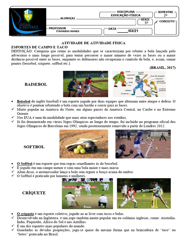 5º ANO ATIVIDADE ESPORTES DE CAMPO E TACO pdf | PDF | Críquete | Softbol