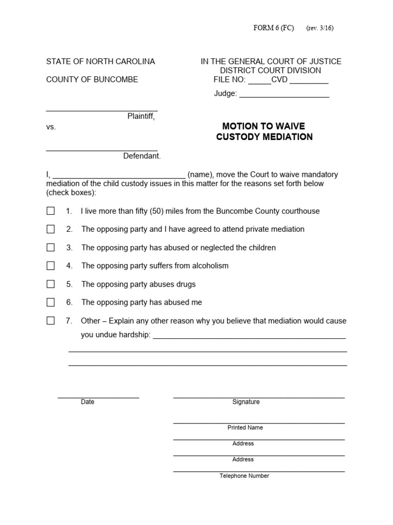 Form 06 Motion to Waive Custody Mediation (Fillable) | PDF