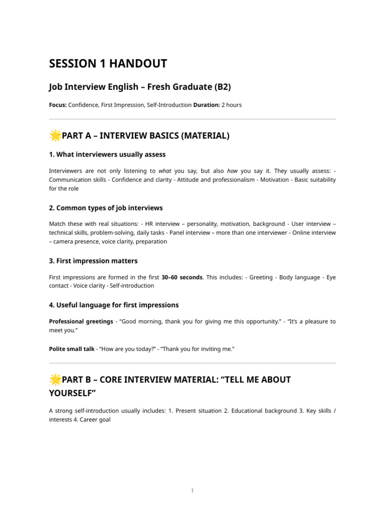 Session 1 – Job Interview Basics & Confidence (Handout) | PDF | Job ...