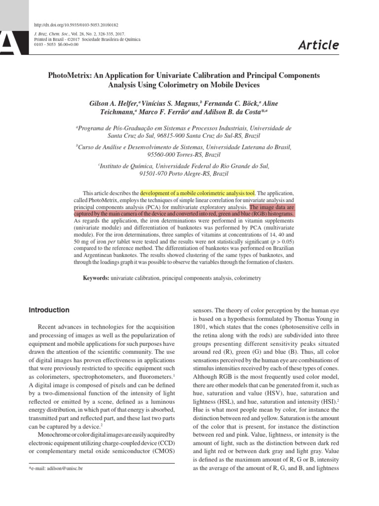 PhotoMetrix - An Application for Univariate Calibration and Principal ...