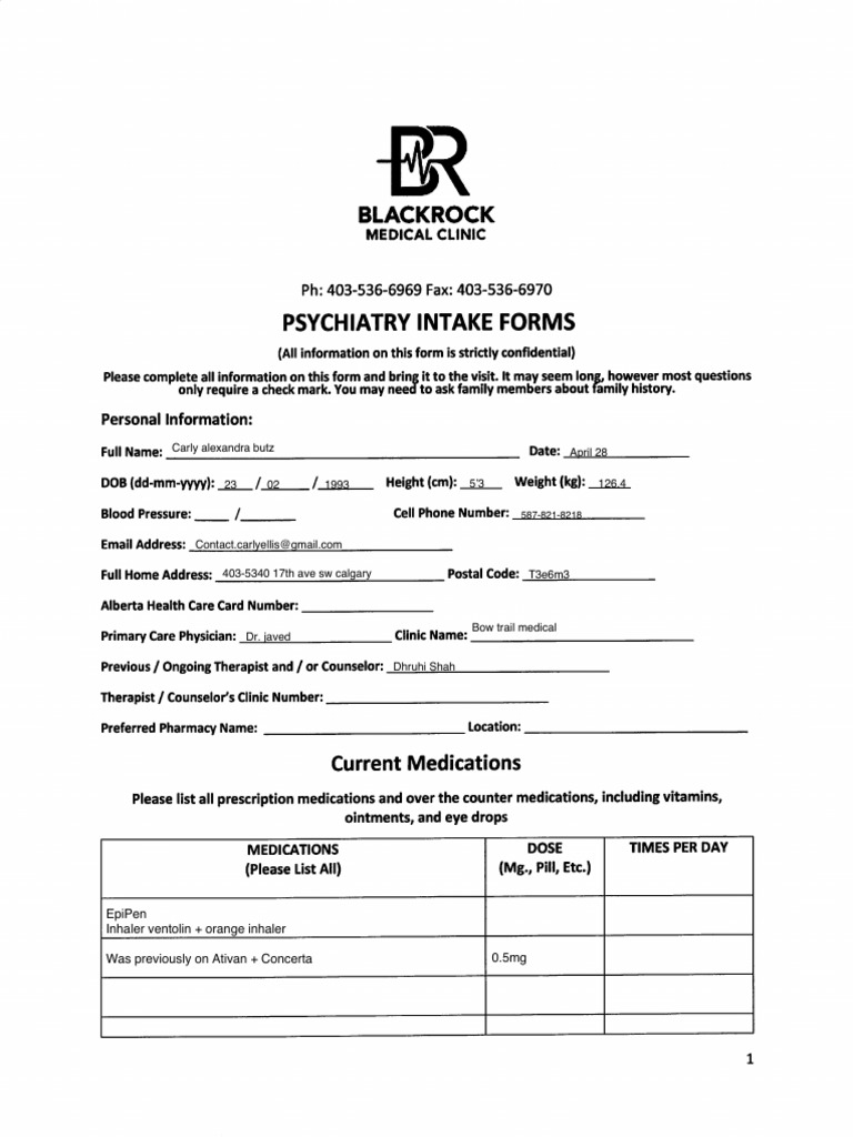 Psychiatry Intake Form 2 | PDF