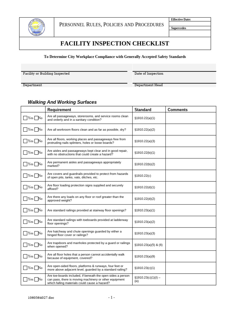 Sample Facilities Inspection Checklist | PDF | Safety