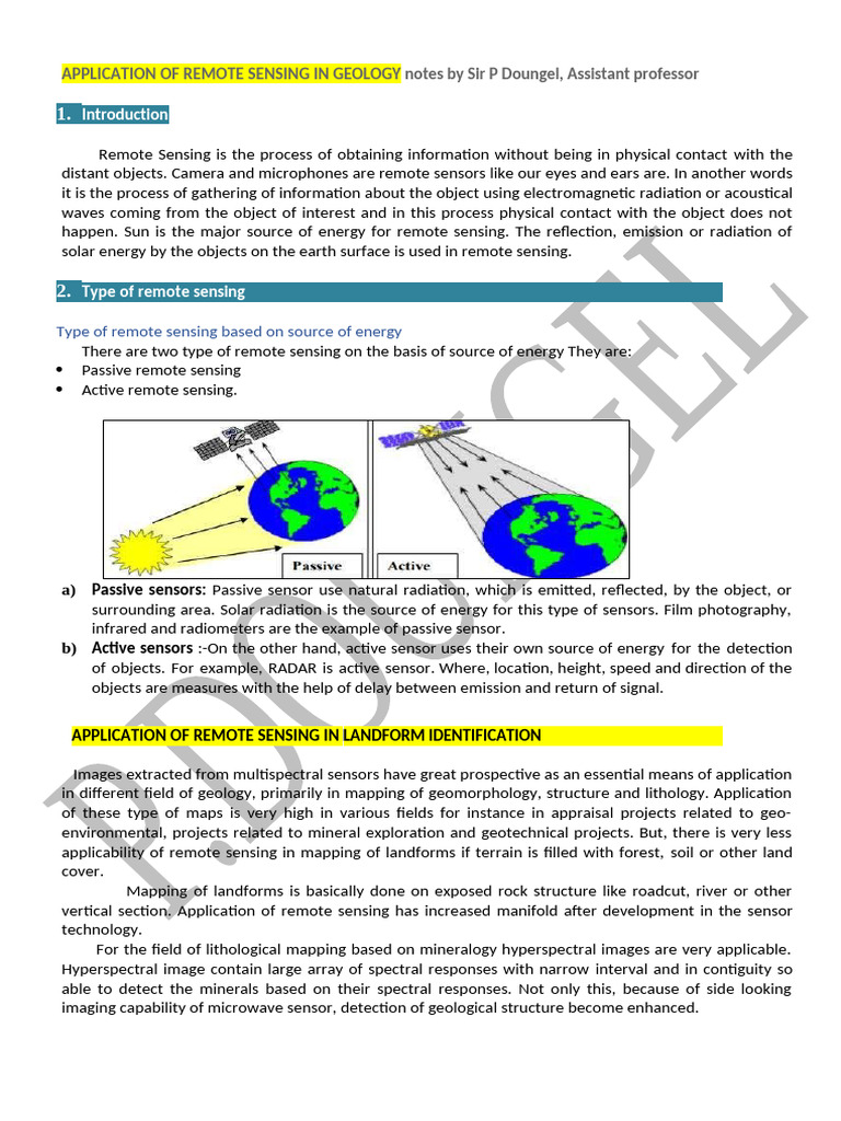 APPLICATION OF REMOTE SENSING IN GEOLOGY | PDF | Remote Sensing | Earth ...
