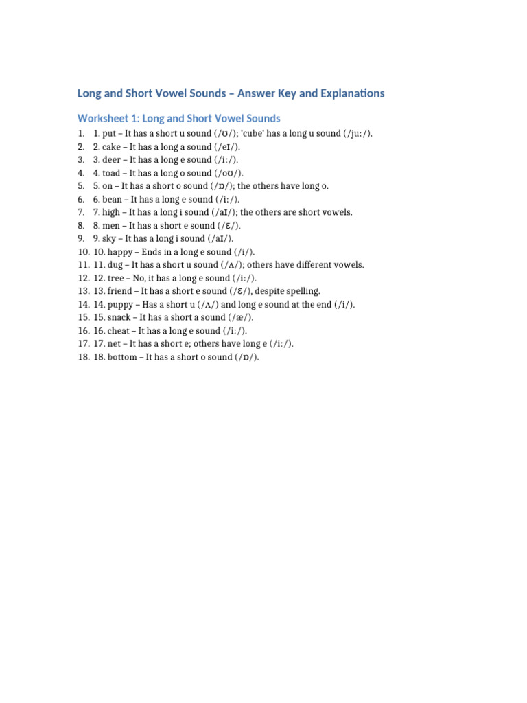 Vowel Sounds Answer Key | PDF