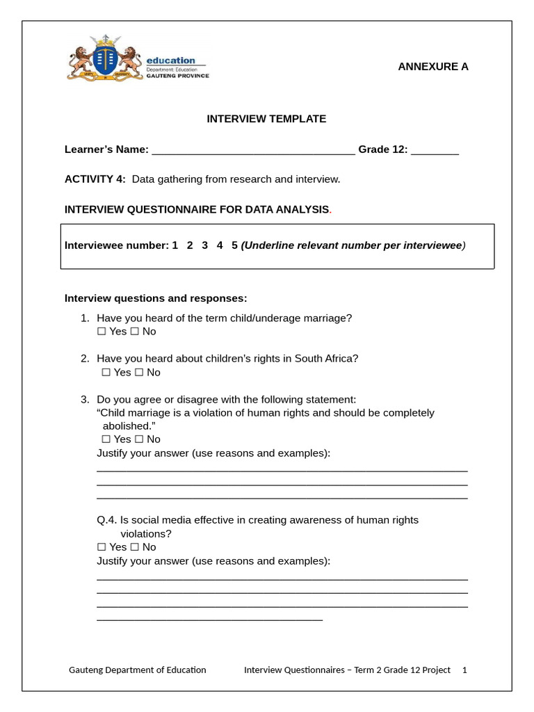 2026 Grade 12 Annexure A - Interview Questionnaire | PDF | Chess ...