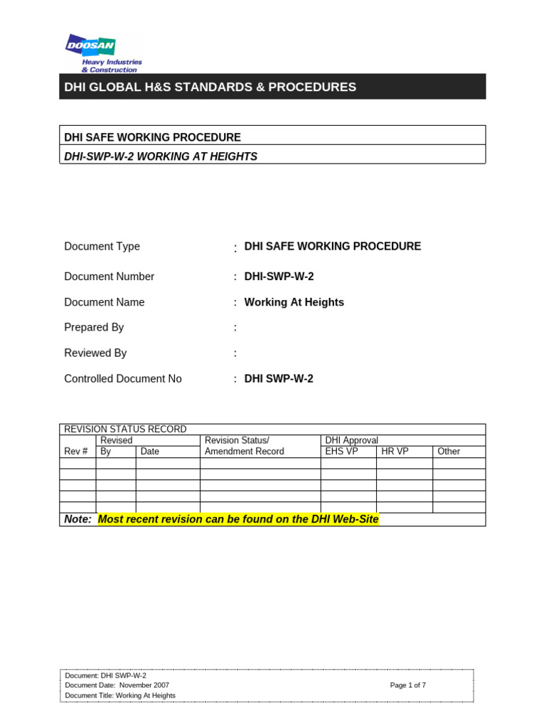 DHI SWP W 2 Working at Heights | PDF | Risk Assessment | Safety