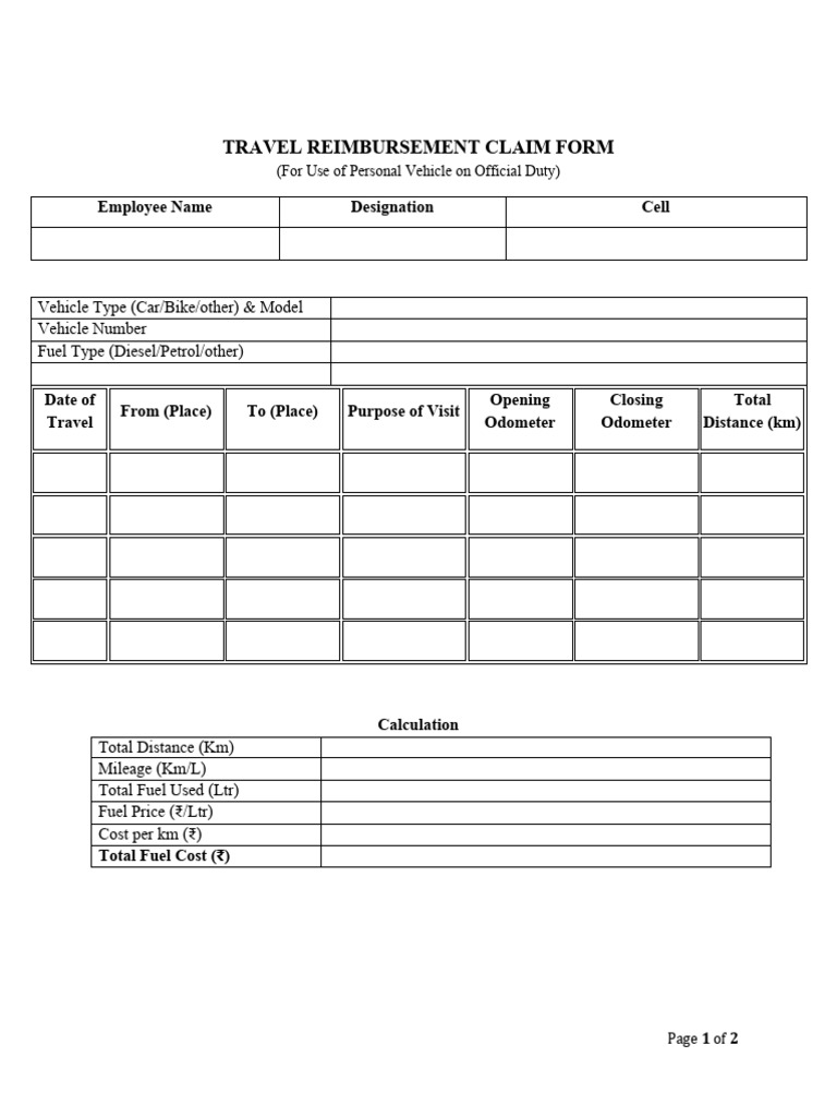 Reimbursement Form – Personal Vehicle Use | PDF